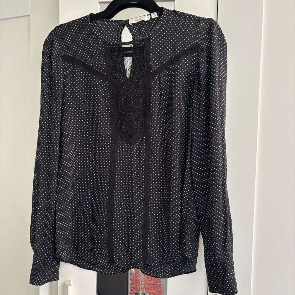 ALC black and white polka dot silk Jerry Blouse with sheer lace panel cutout 6